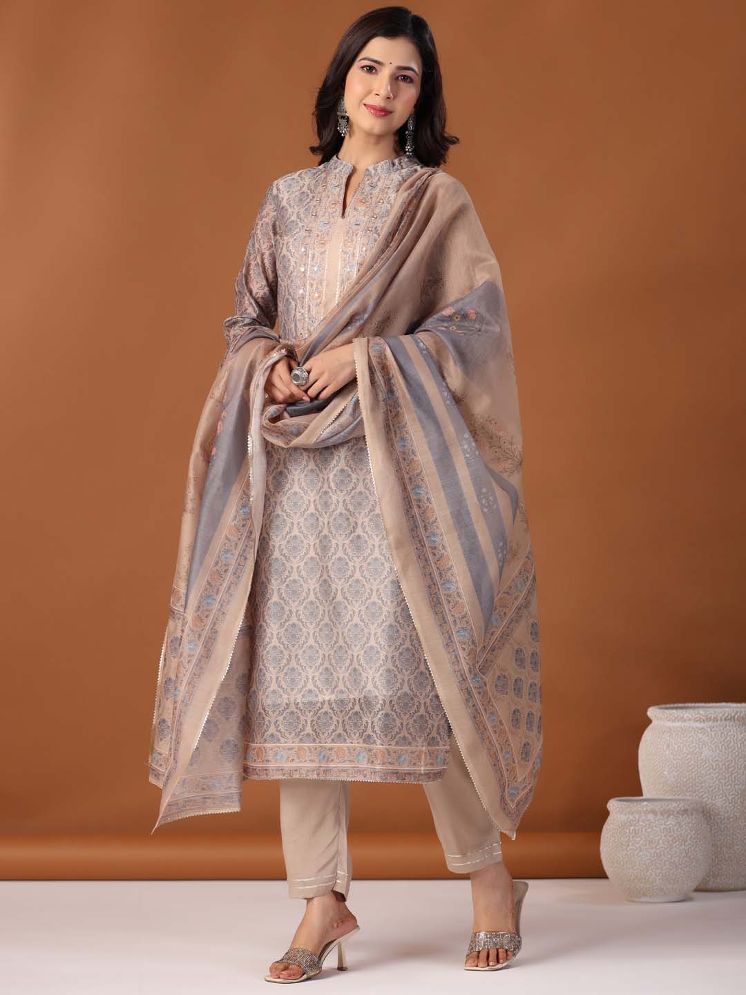 Printed Cotton Kurta With Pants &amp; Dupatta