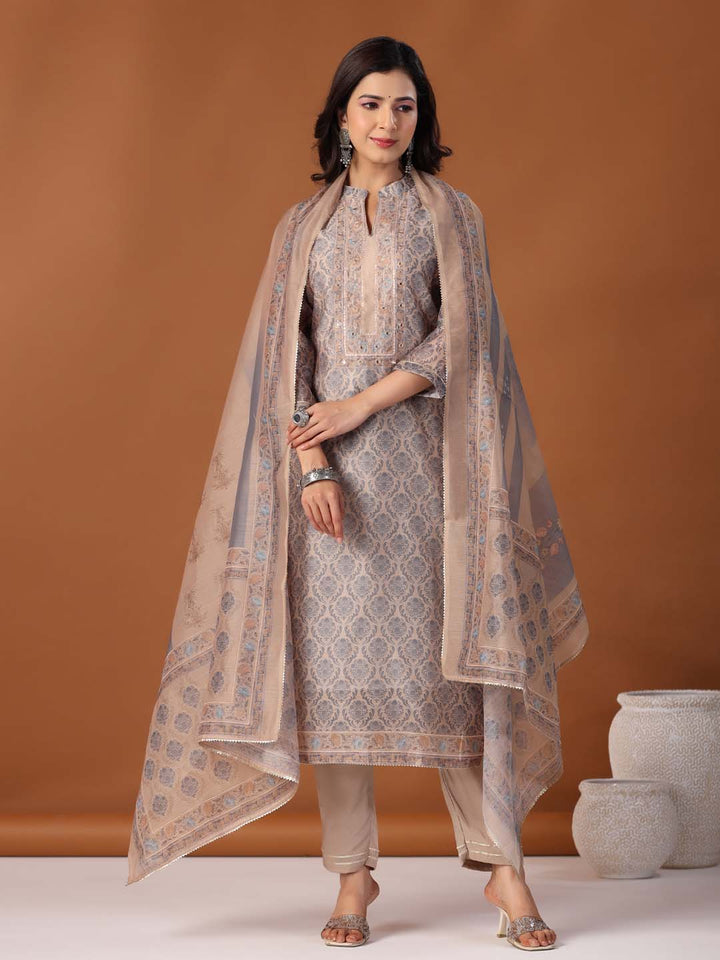 Printed Cotton Kurta With Pants &amp; Dupatta