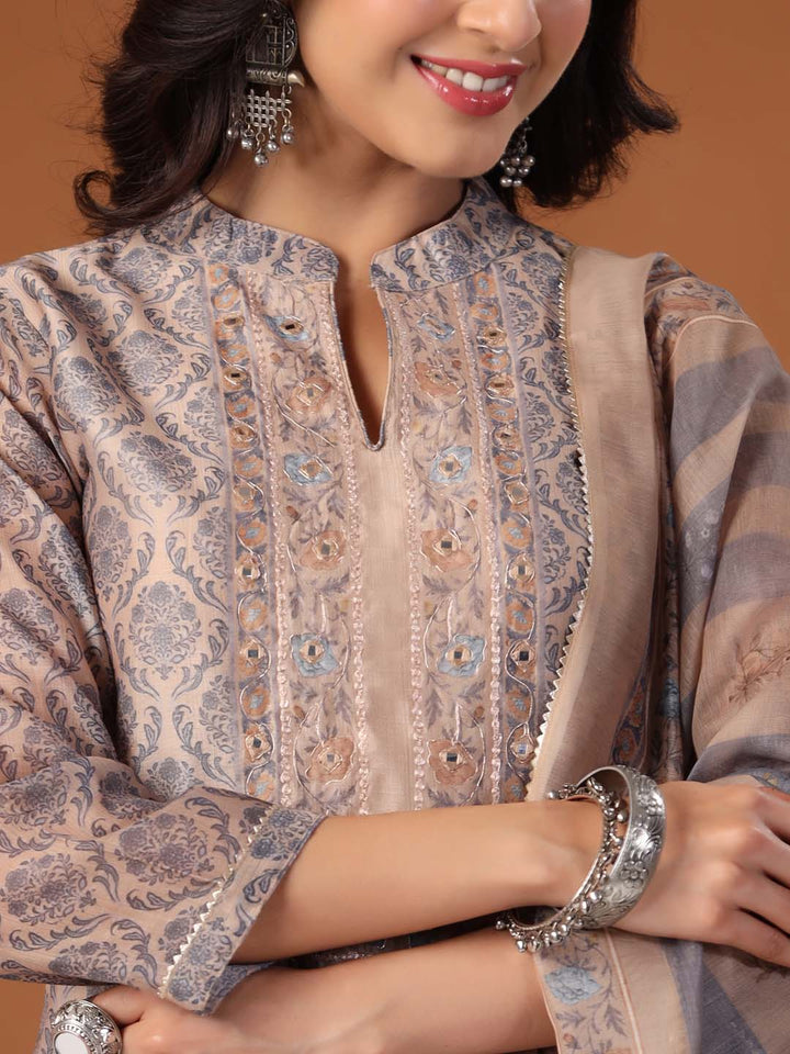 Printed Cotton Kurta With Pants &amp; Dupatta