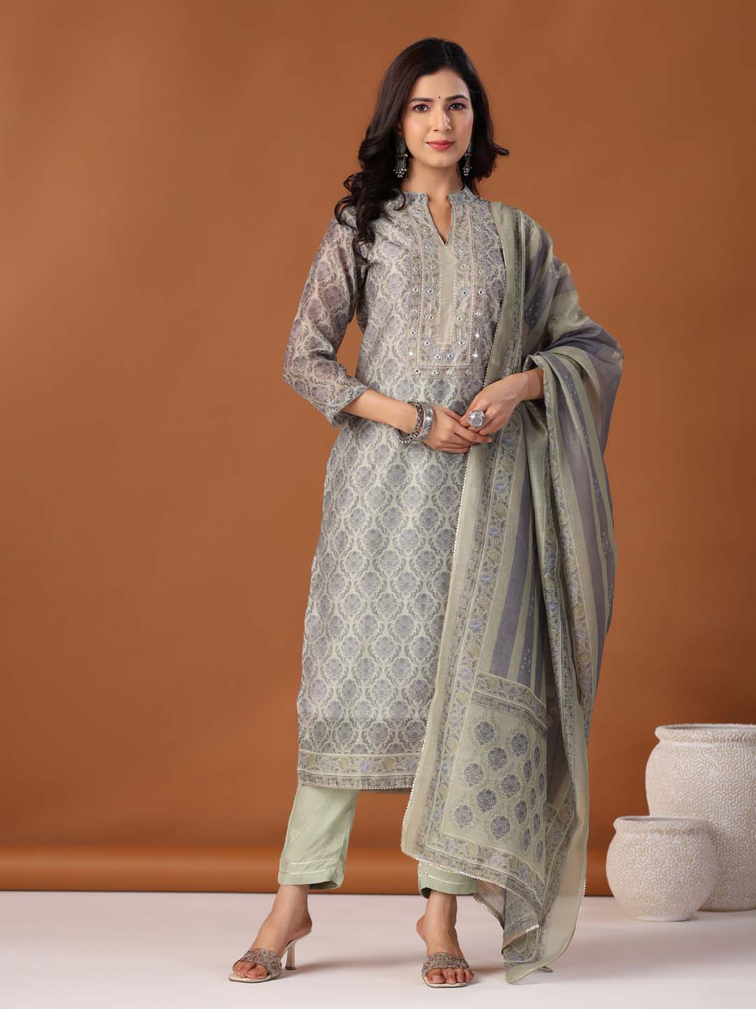 Printed Cotton Kurta With Pants &amp; Dupatta