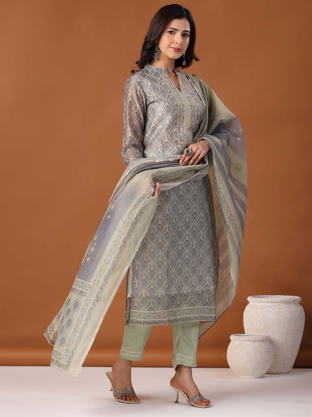 Printed Cotton Kurta With Pants &amp; Dupatta