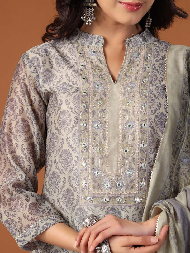 Printed Cotton Kurta With Pants &amp; Dupatta
