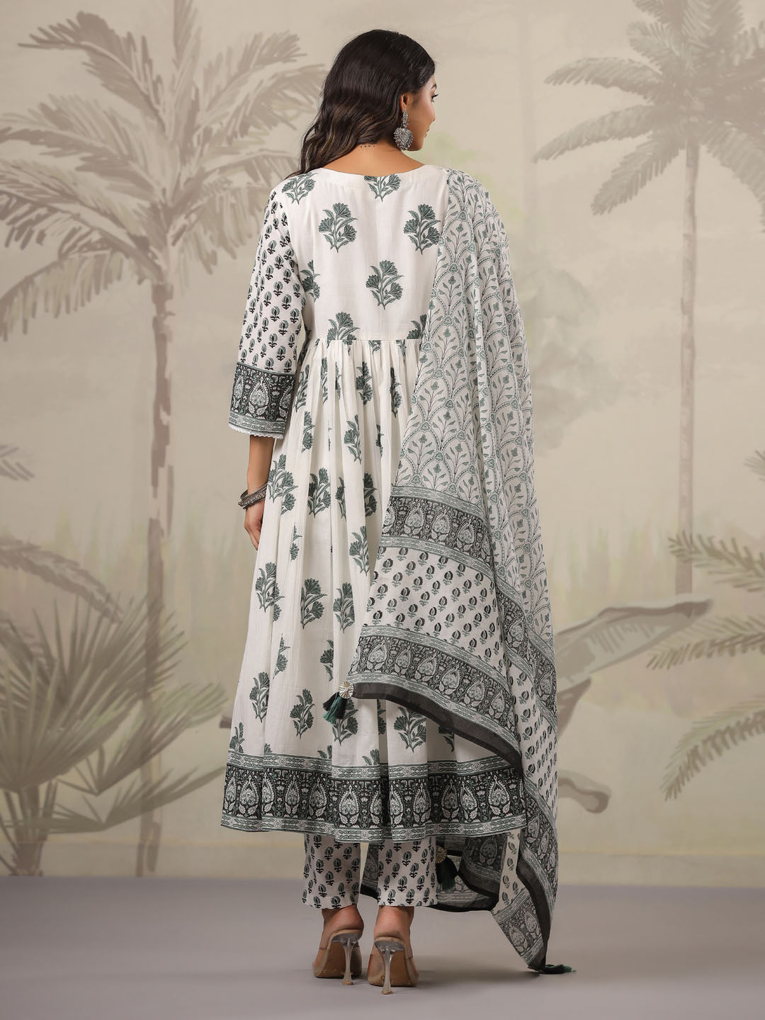 Floral Printed Cotton Kurta With Pants &amp; Dupatta