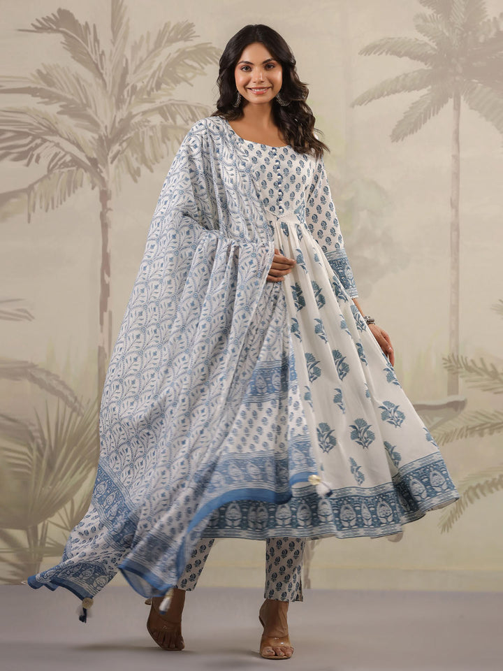 Floral Printed Cotton Kurta With Pants &amp; Dupatta