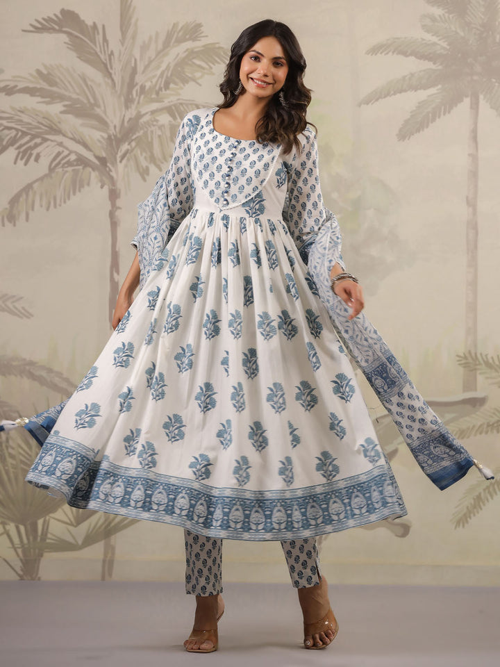 Floral Printed Cotton Kurta With Pants &amp; Dupatta