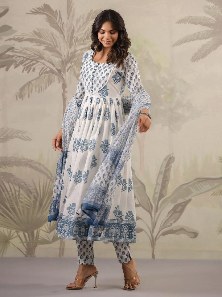 Floral Printed Cotton Kurta With Pants &amp; Dupatta