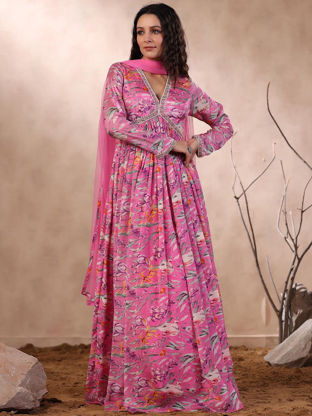 Printed Anarkali Cotton Kurta With Dupatta