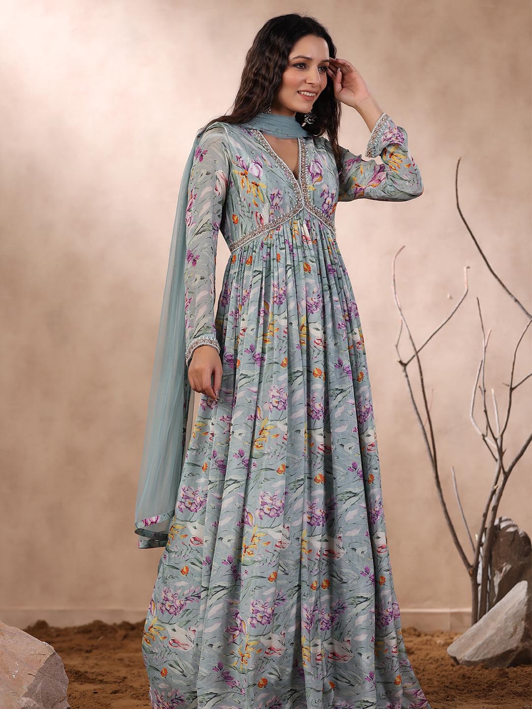 Printed Anarkali Cotton Kurta With Dupatta