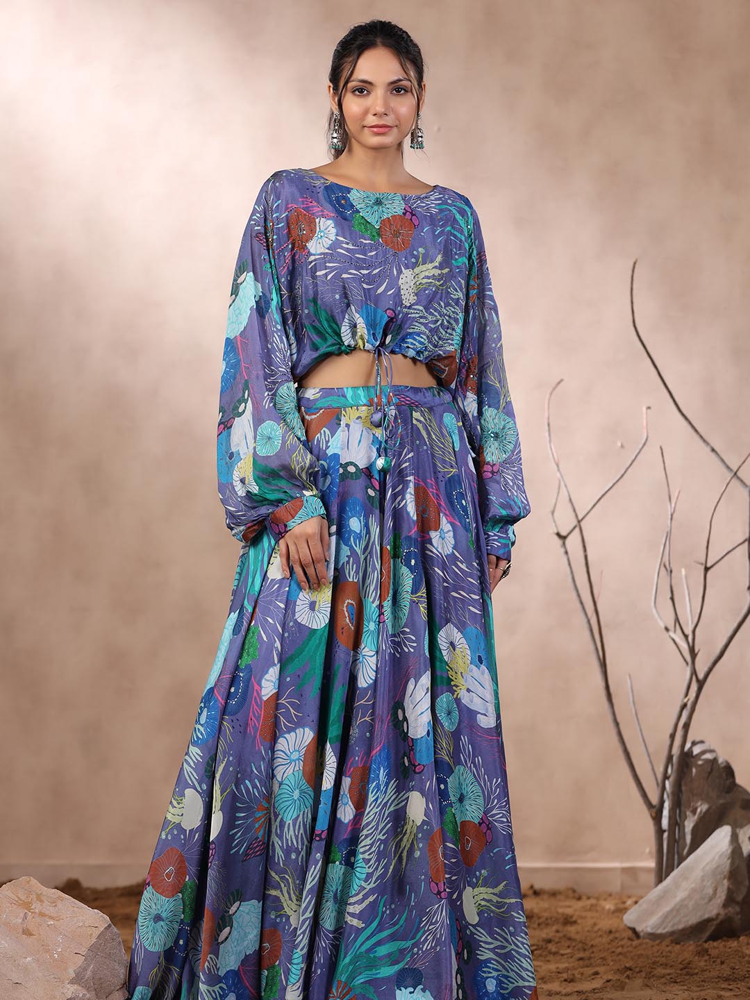 Floral Printed Crepe Crop Top With Lehenga