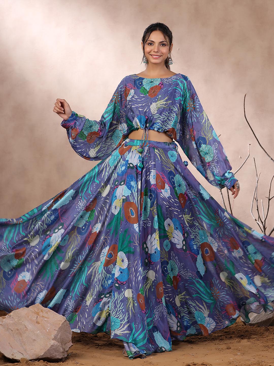 Floral Printed Crepe Crop Top With Lehenga