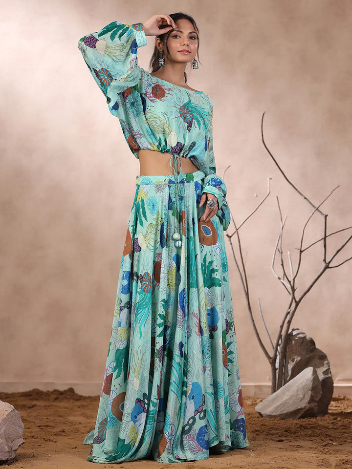 Floral Printed Crepe Crop Top With Lehenga