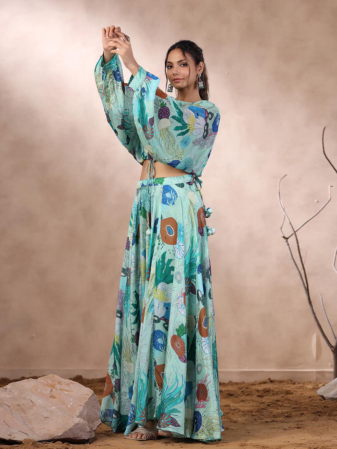 Floral Printed Crepe Crop Top With Lehenga