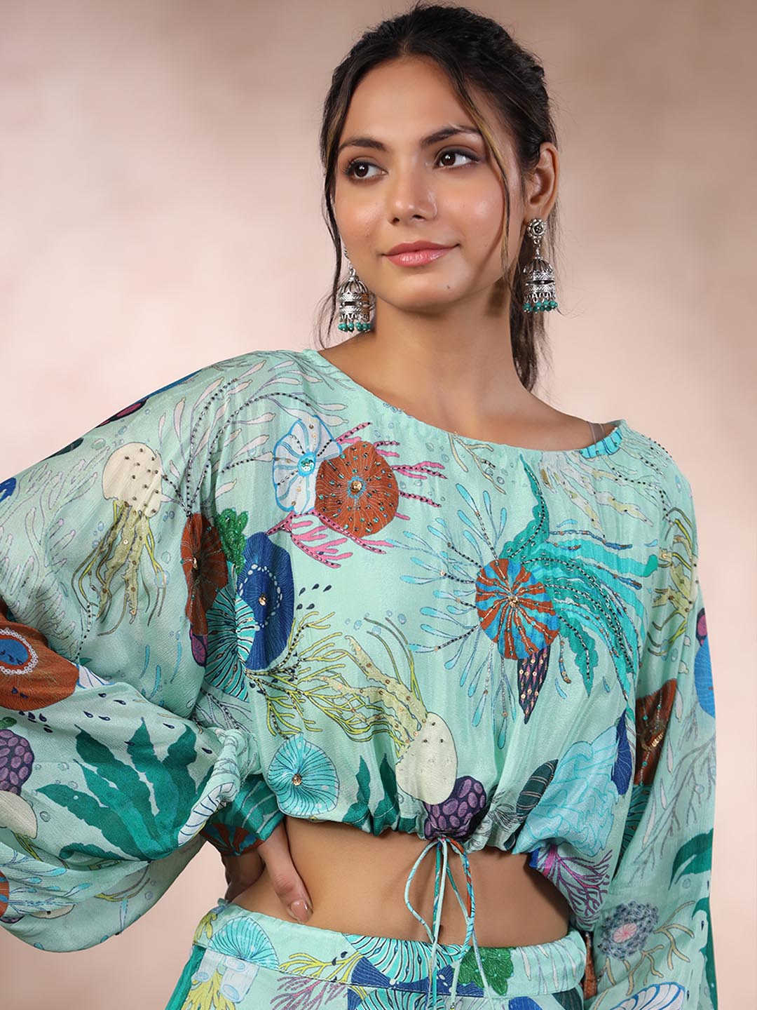 Floral Printed Crepe Crop Top With Lehenga