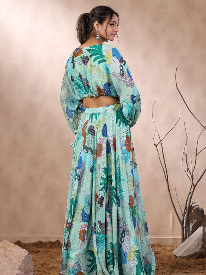 Floral Printed Crepe Crop Top With Lehenga