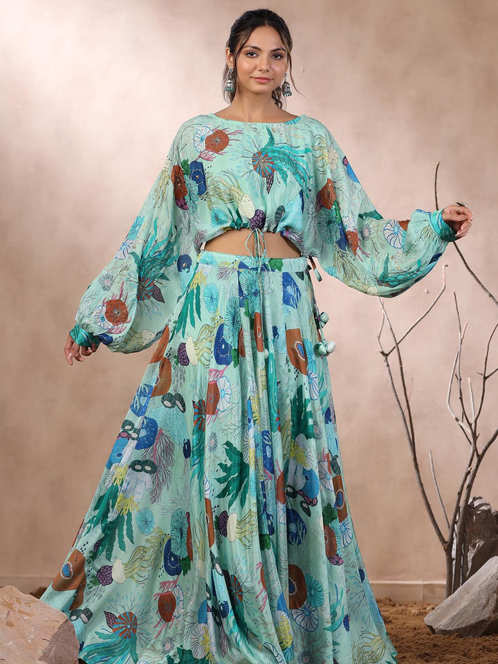 Floral Printed Crepe Crop Top With Lehenga