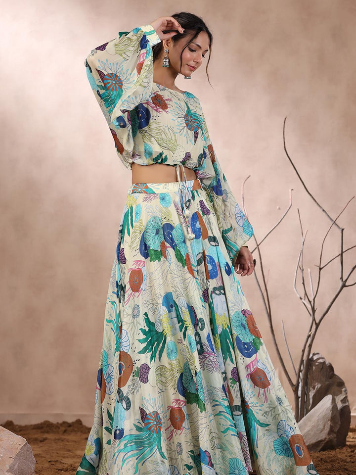 Floral Printed Crepe Crop Top With Lehenga