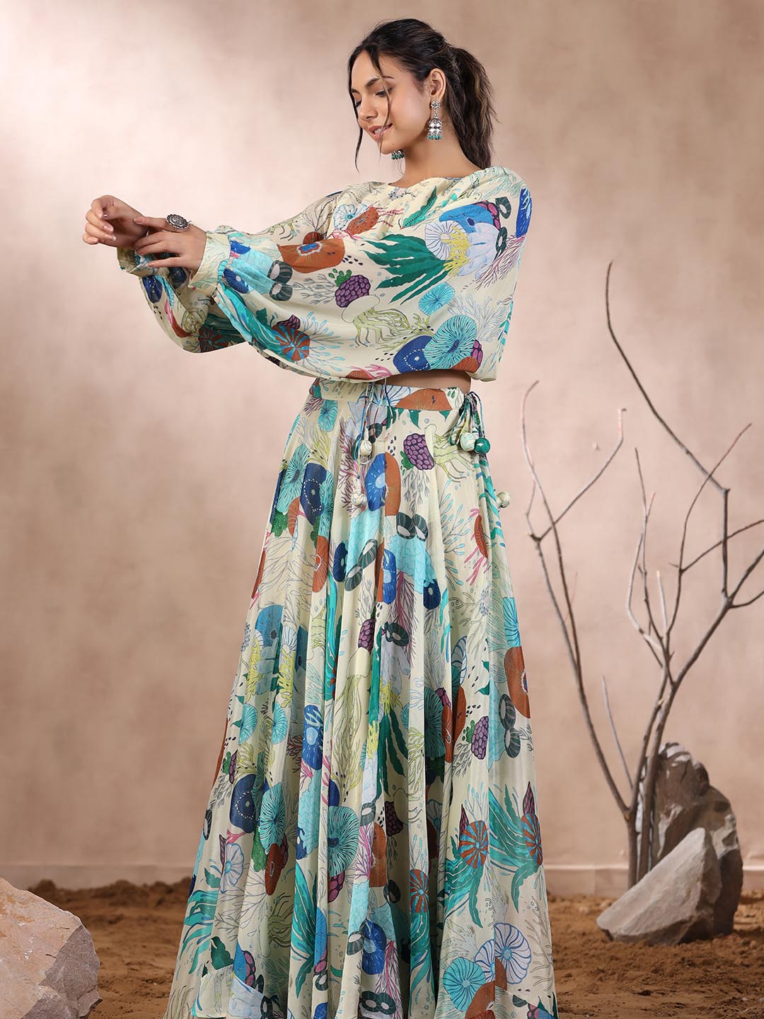 Floral Printed Crepe Crop Top With Lehenga