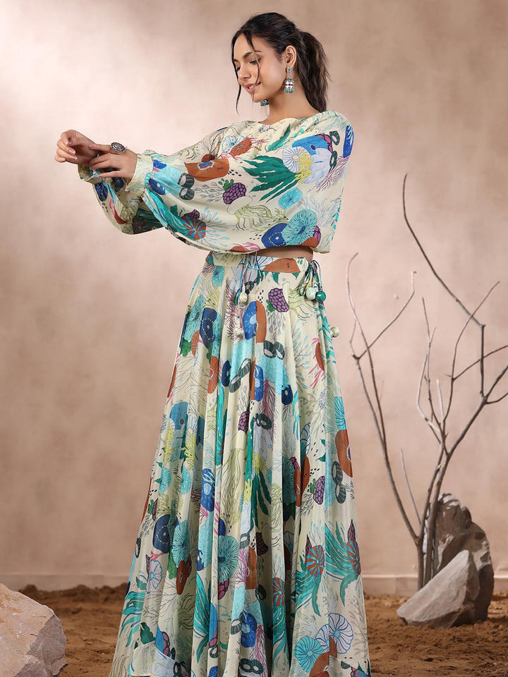 Floral Printed Crepe Crop Top With Lehenga