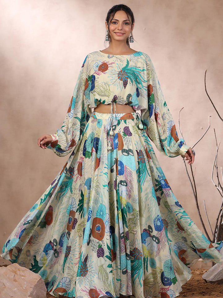 Floral Printed Crepe Crop Top With Lehenga