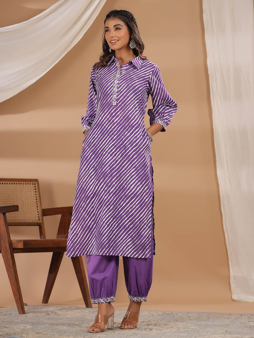 Leheriya Printed Cotton Kurta With Pants