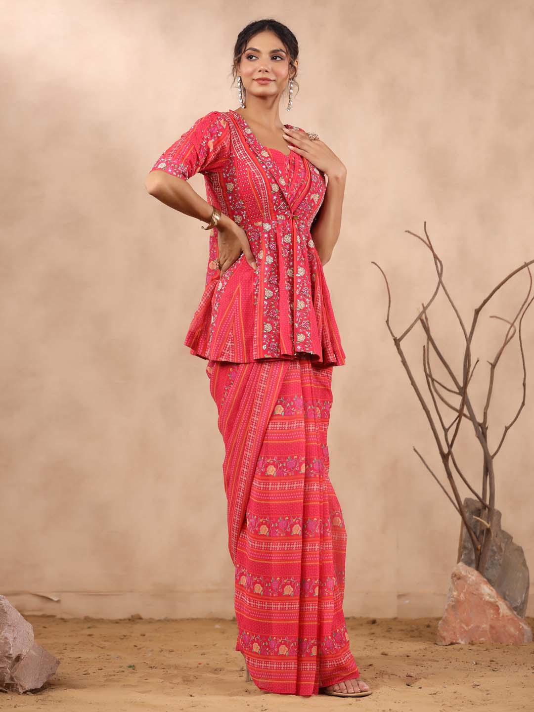 Printed Georgette Pre Draped Saree with Peplum Top