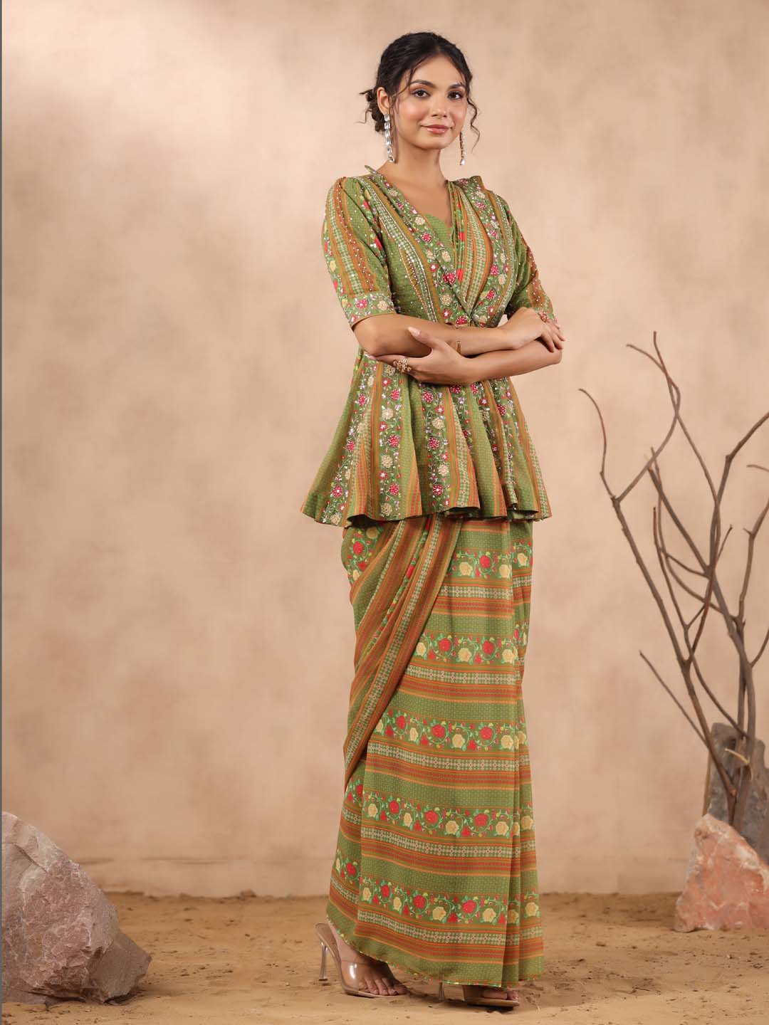 Printed Georgette Pre Draped Saree with Peplum Top