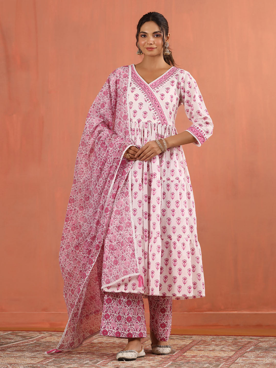 Floral Block Printed Cotton Kurta With Pants &amp; Dupatta