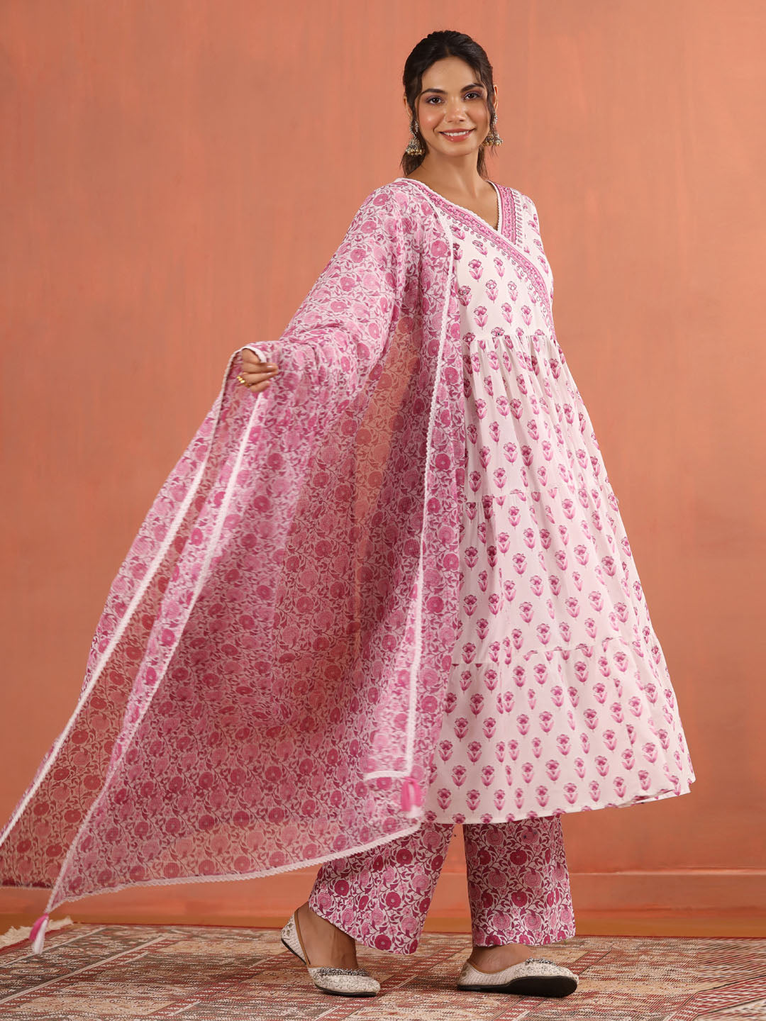 Floral Block Printed Cotton Kurta With Pants &amp; Dupatta