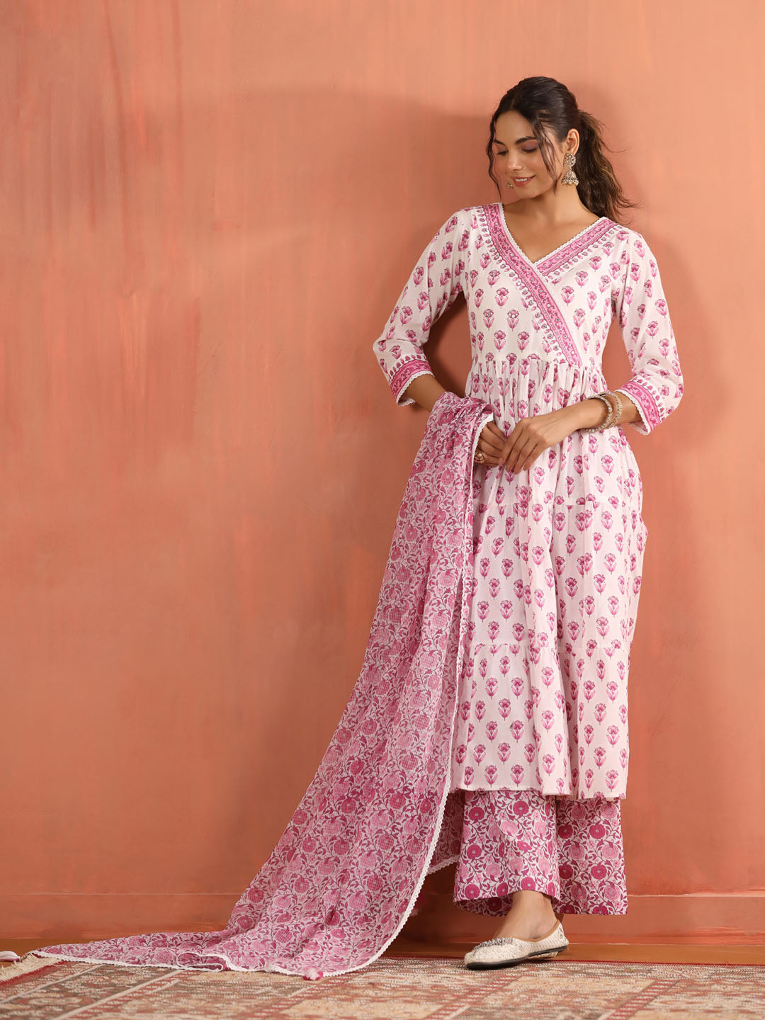 Floral Block Printed Cotton Kurta With Pants &amp; Dupatta