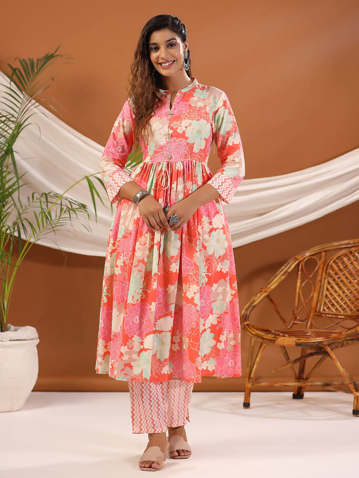 Floral Printed Cotton Kurta With Pants