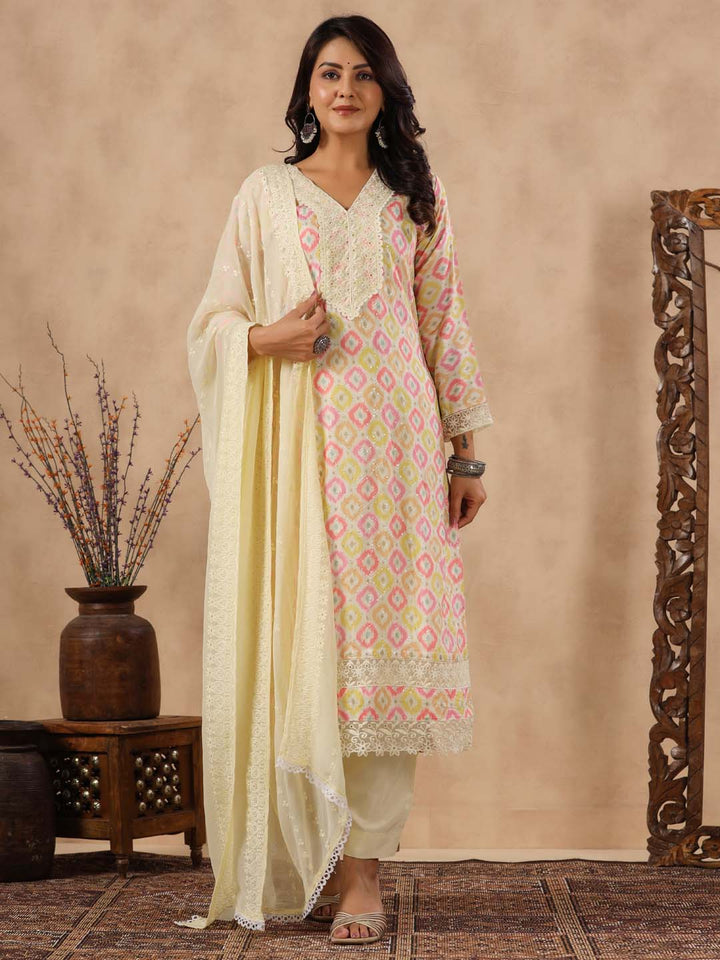 Printed Cotton Kurta With Pants &amp; Dupatta