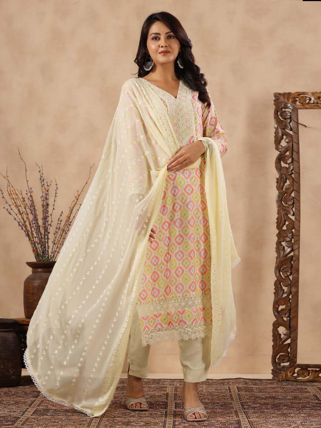 Printed Cotton Kurta With Pants &amp; Dupatta