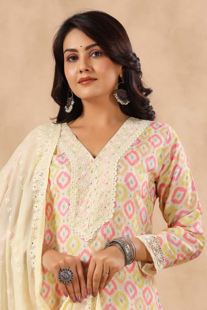 Printed Cotton Kurta With Pants &amp; Dupatta