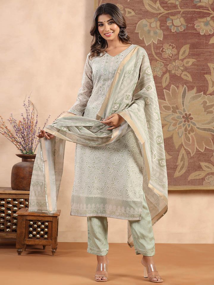Printed Cotton Kurta With Pants &amp; Dupatta