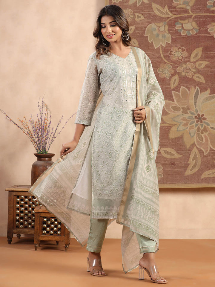 Printed Cotton Kurta With Pants &amp; Dupatta