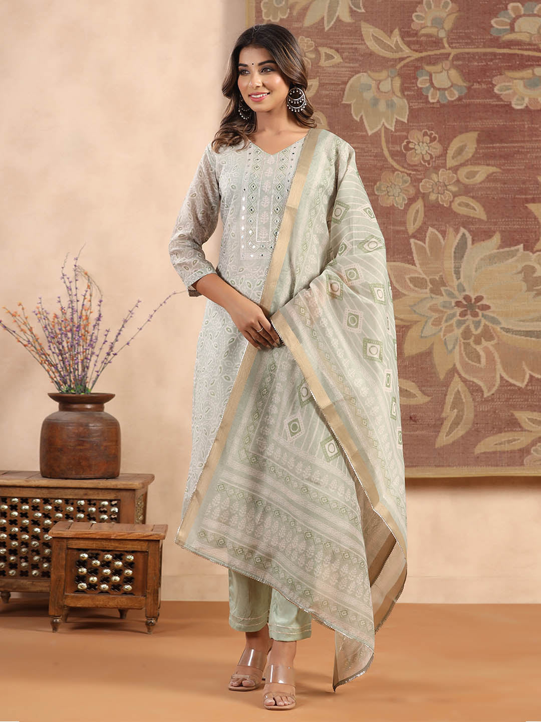 Printed Cotton Kurta With Pants &amp; Dupatta