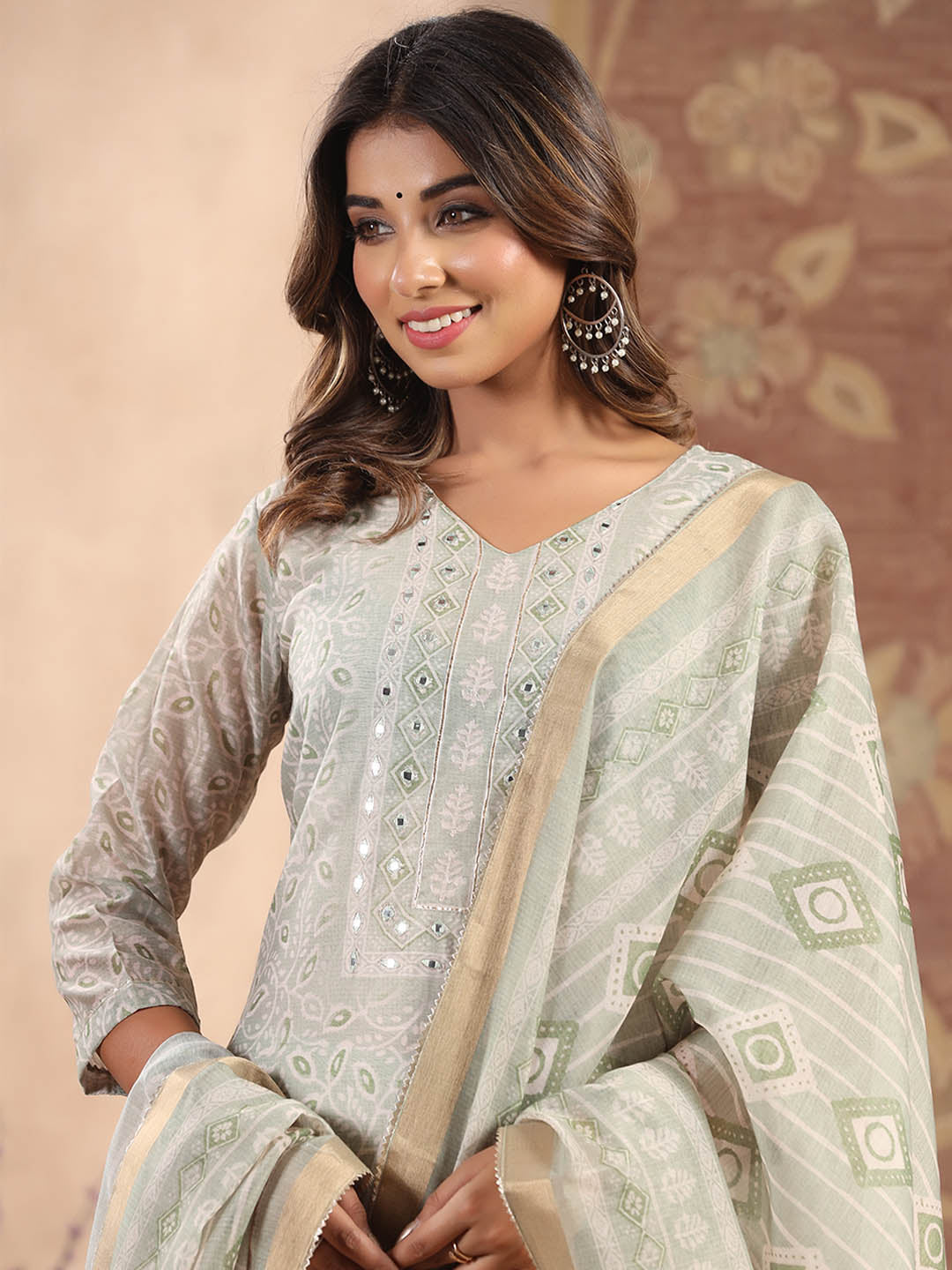 Printed Cotton Kurta With Pants &amp; Dupatta