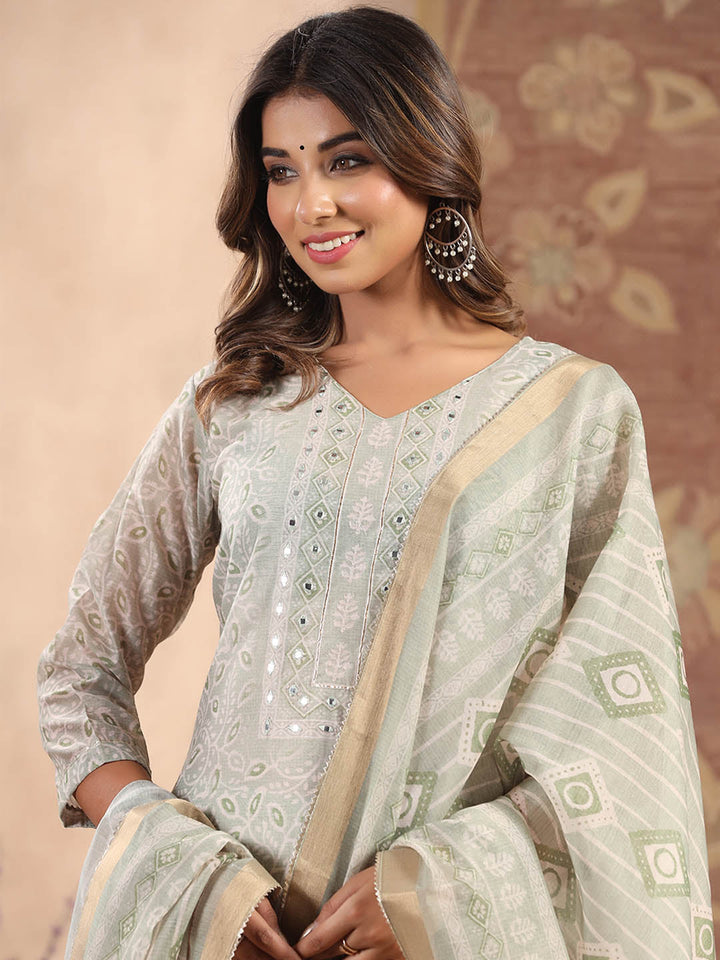 Printed Cotton Kurta With Pants &amp; Dupatta