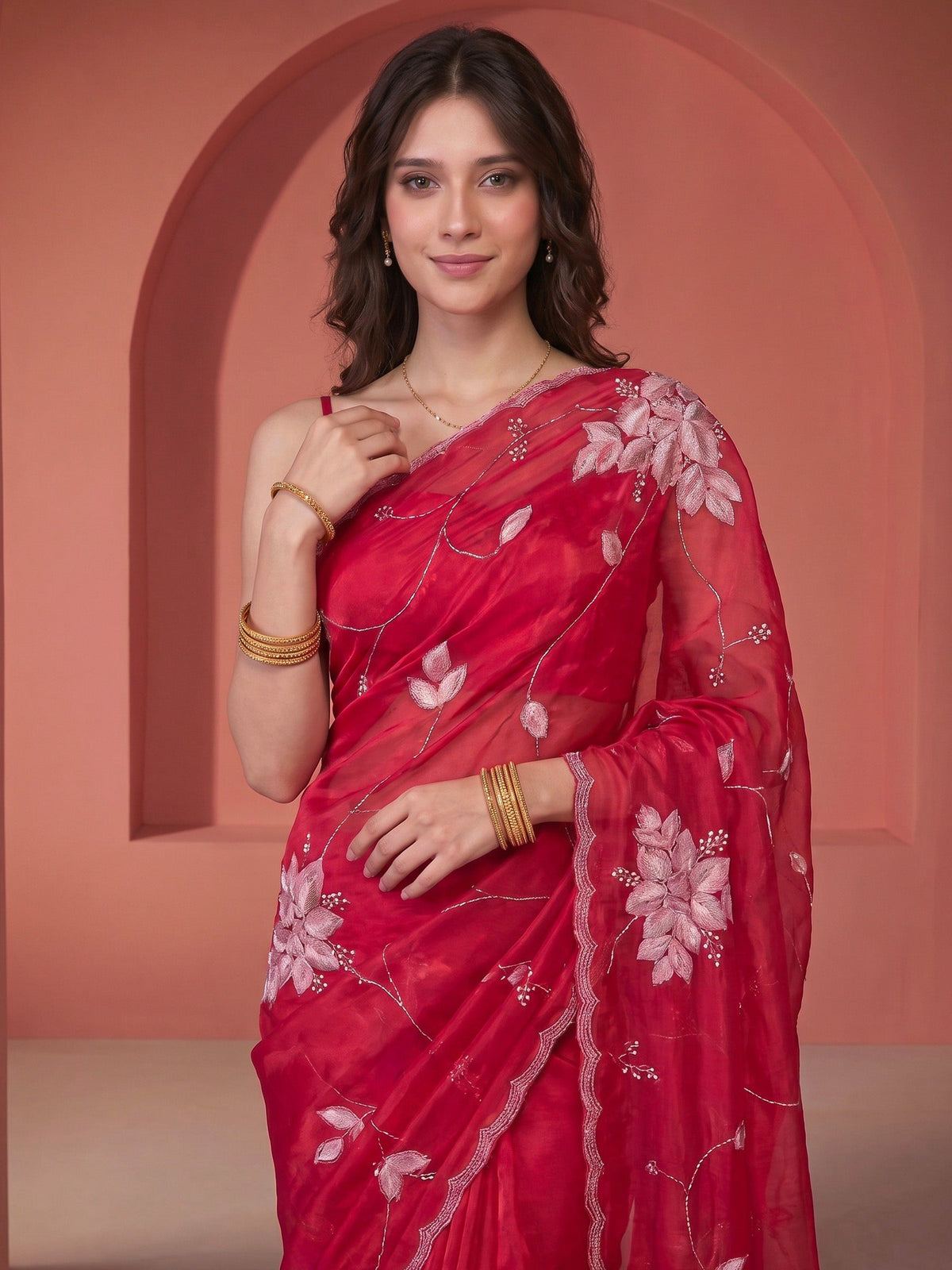 Rani Tissue Embroidered Saree