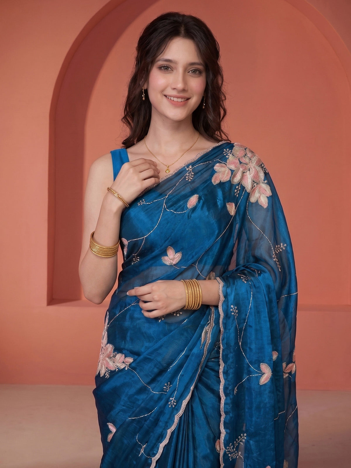 Teal-Blue Tissue Embroidered Saree