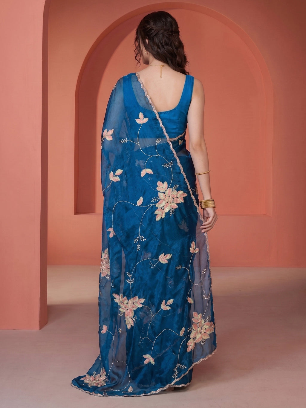Teal-Blue Tissue Embroidered Saree