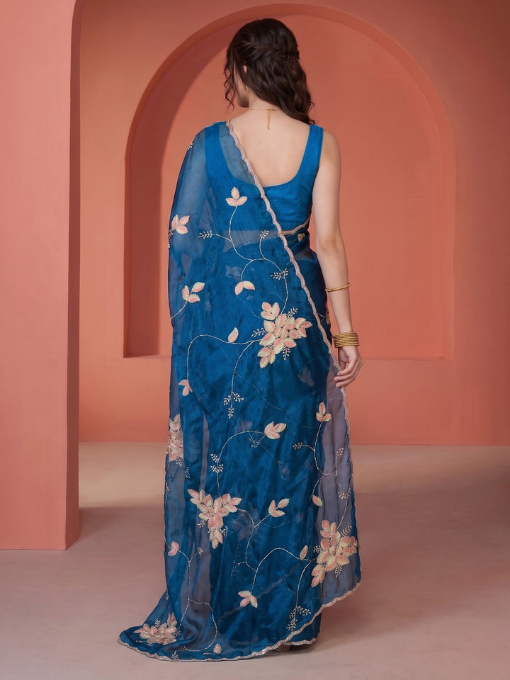 Teal-Blue Tissue Embroidered Saree