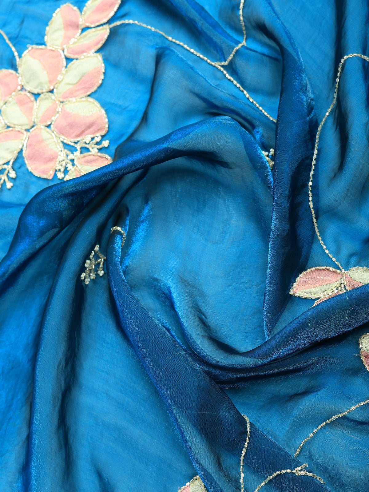Teal-Blue Tissue Embroidered Saree