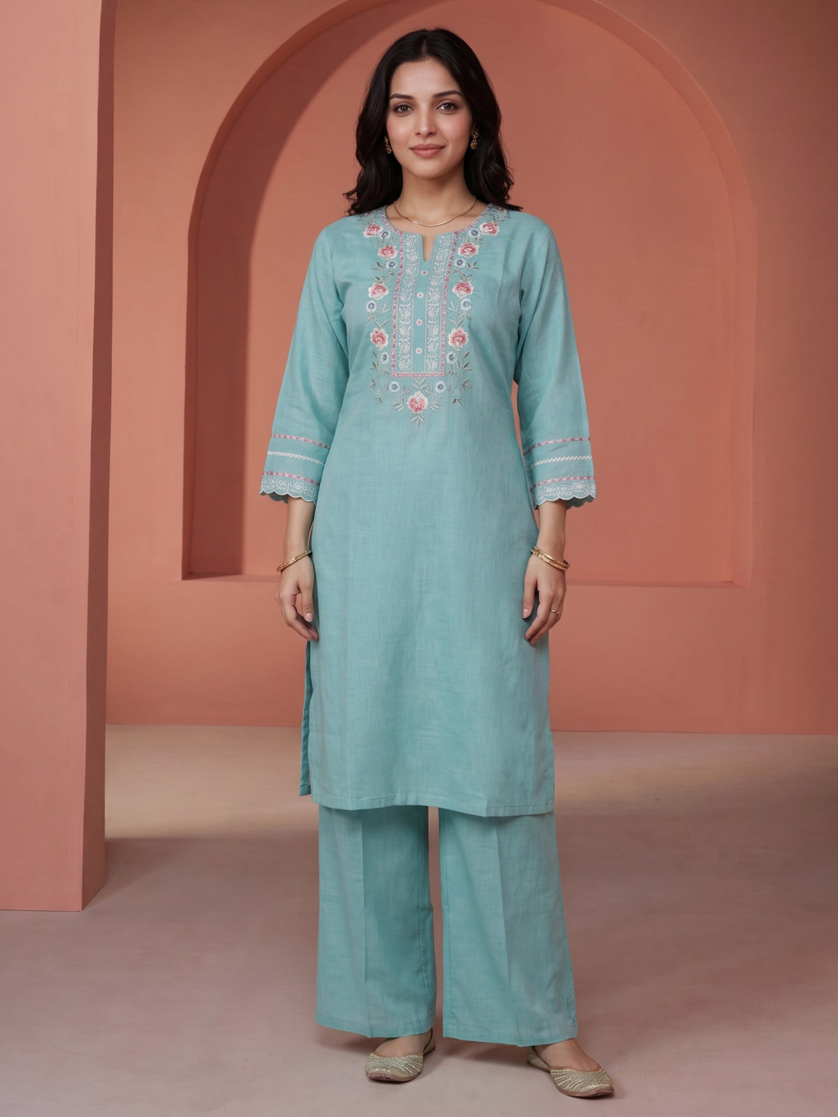Firozee  Embroidered Linen Kurta Set