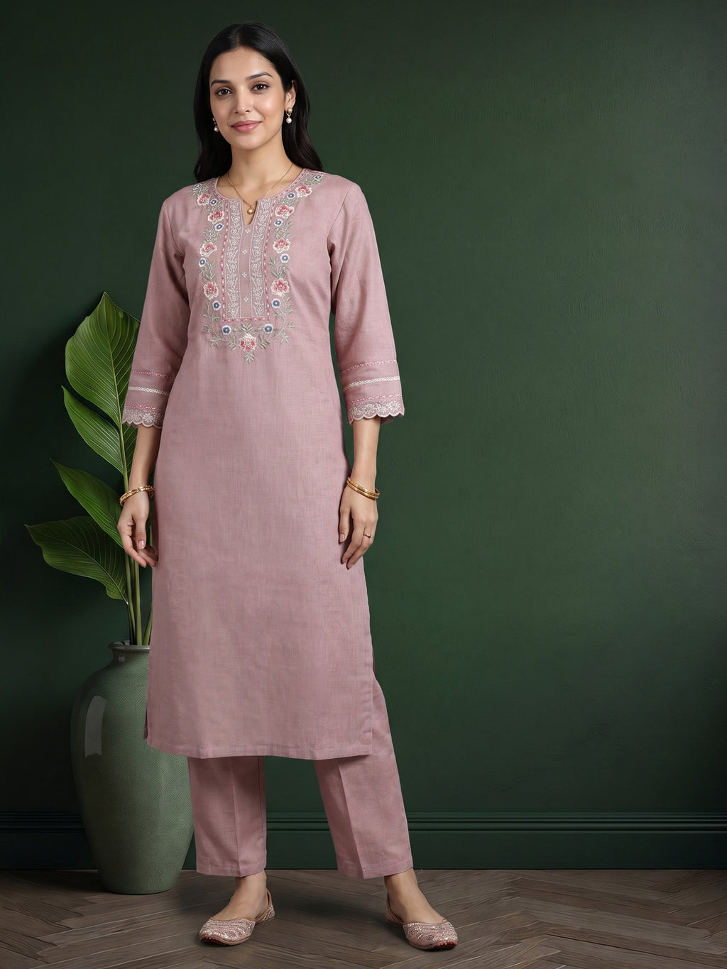 Mouve  Embroidered Linen Kurta Set