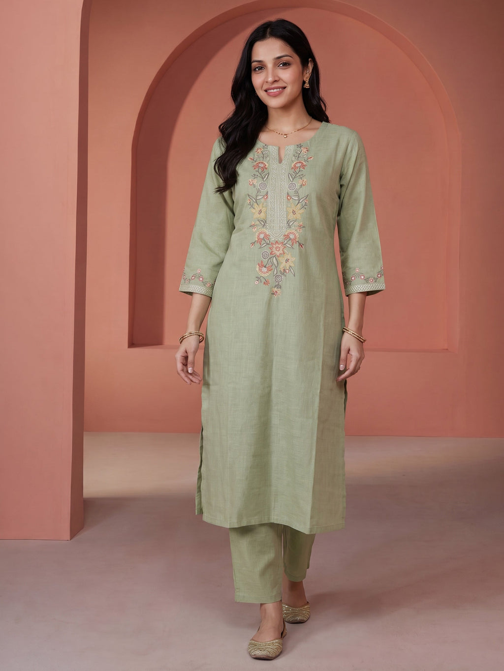 Pista-Green  Embroidered Linen Kurta Set