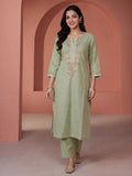 Pista-Green  Embroidered Linen Kurta Set