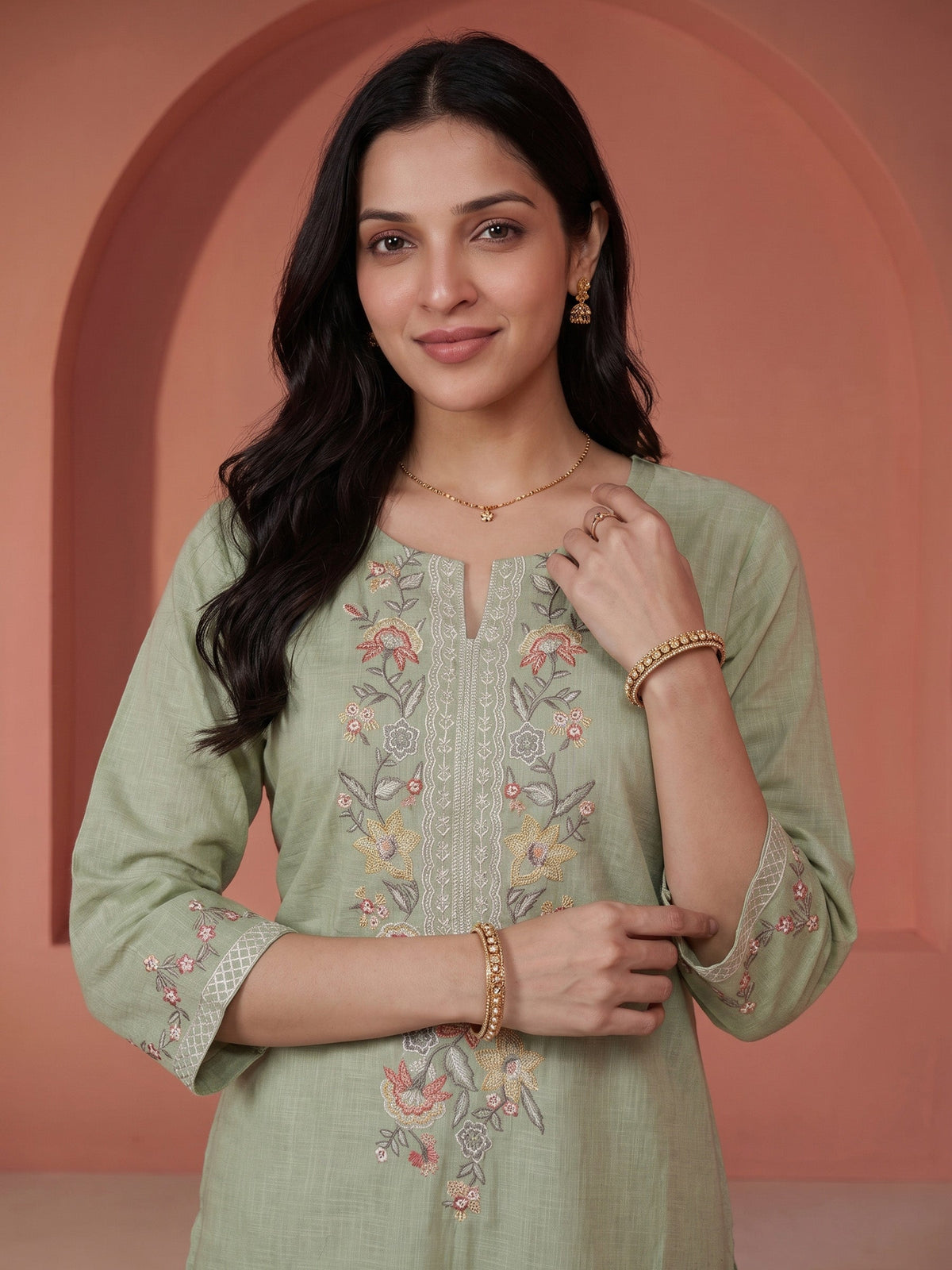 Pista-Green  Embroidered Linen Kurta Set