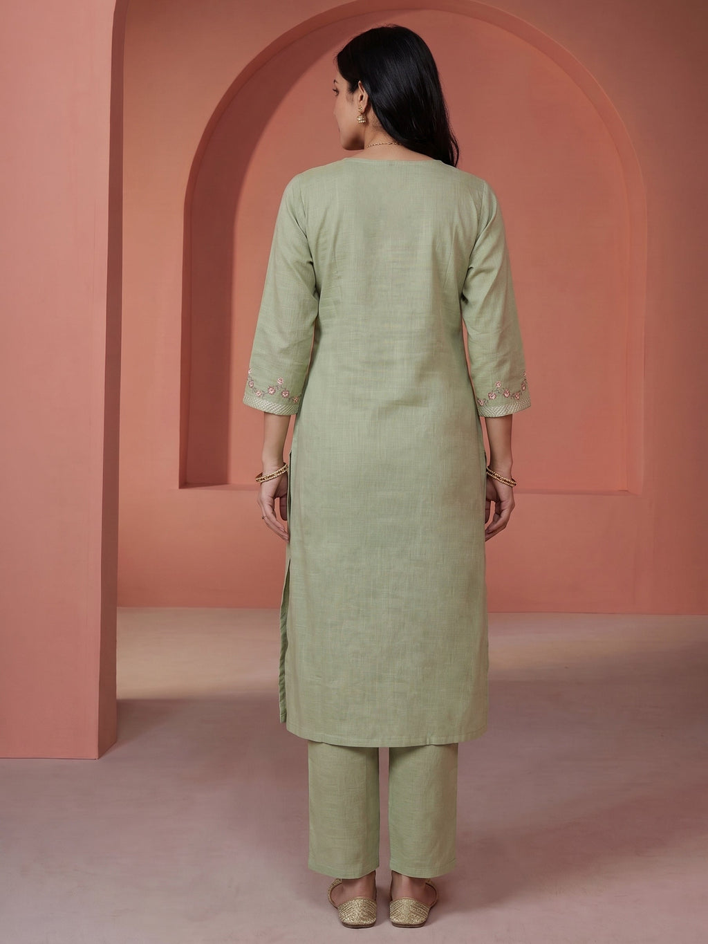 Pista-Green  Embroidered Linen Kurta Set