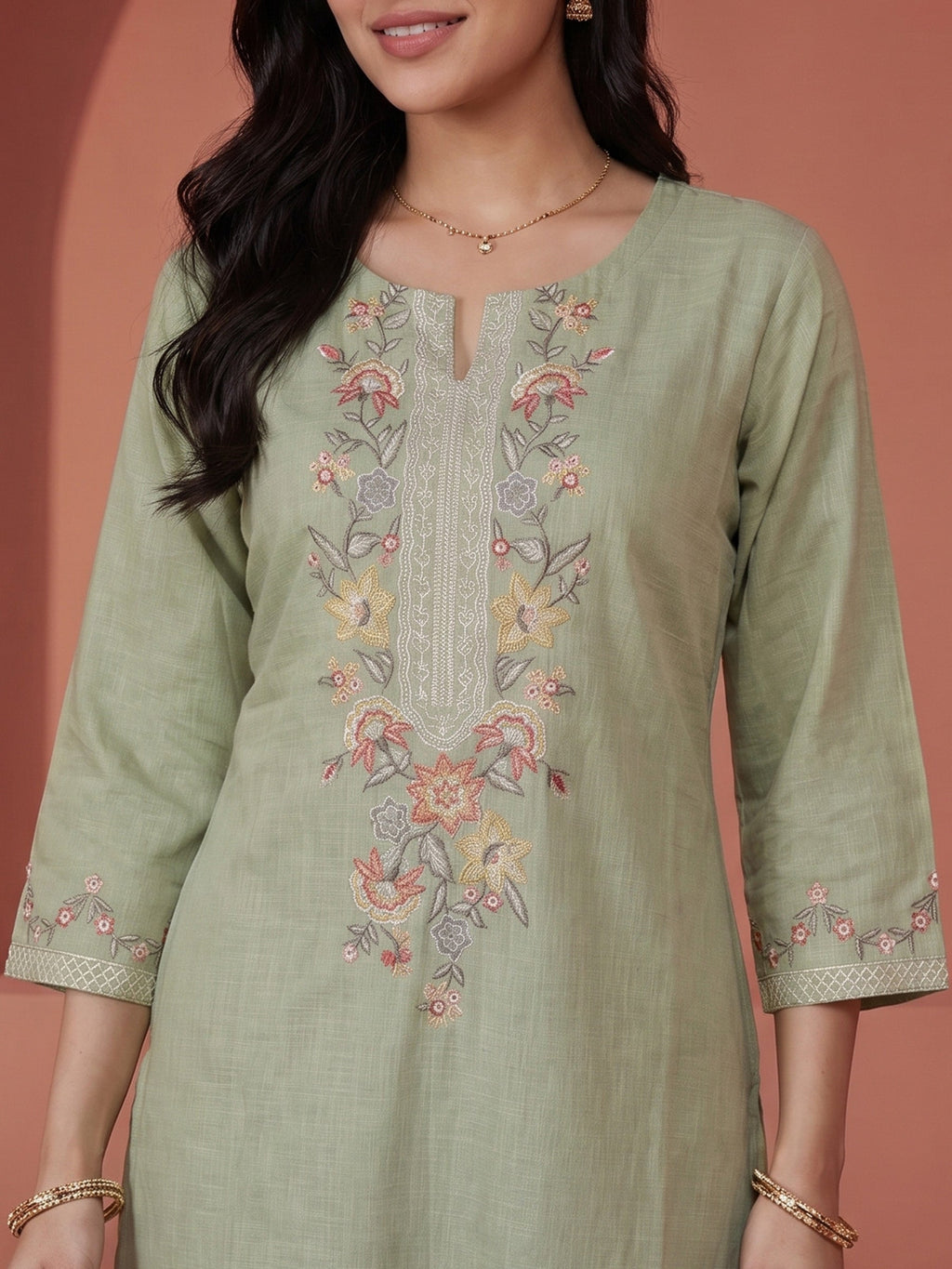 Pista-Green  Embroidered Linen Kurta Set
